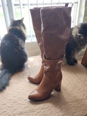 Tall Slouch Knee-High Heeled Boots in Brown